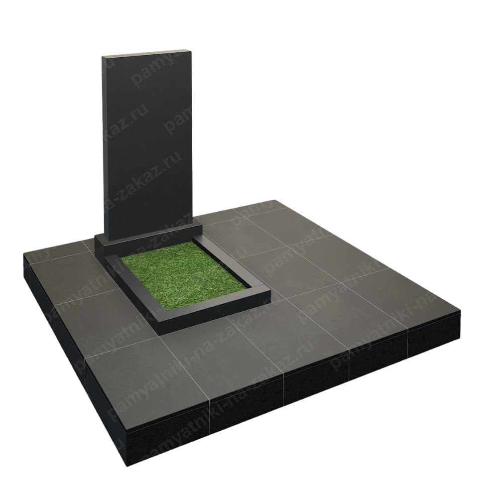 Классический мемориальный комплекс из черного гранита. Включает памятник, цветник, гранитные плиты и бетонное основание. Подходит для благоустройства могилы на кладбище.