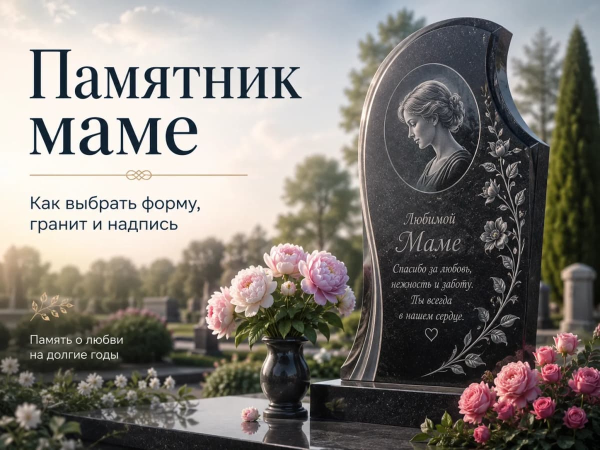 Вертикальный гранитный памятник маме с портретом и цветочной гравировкой