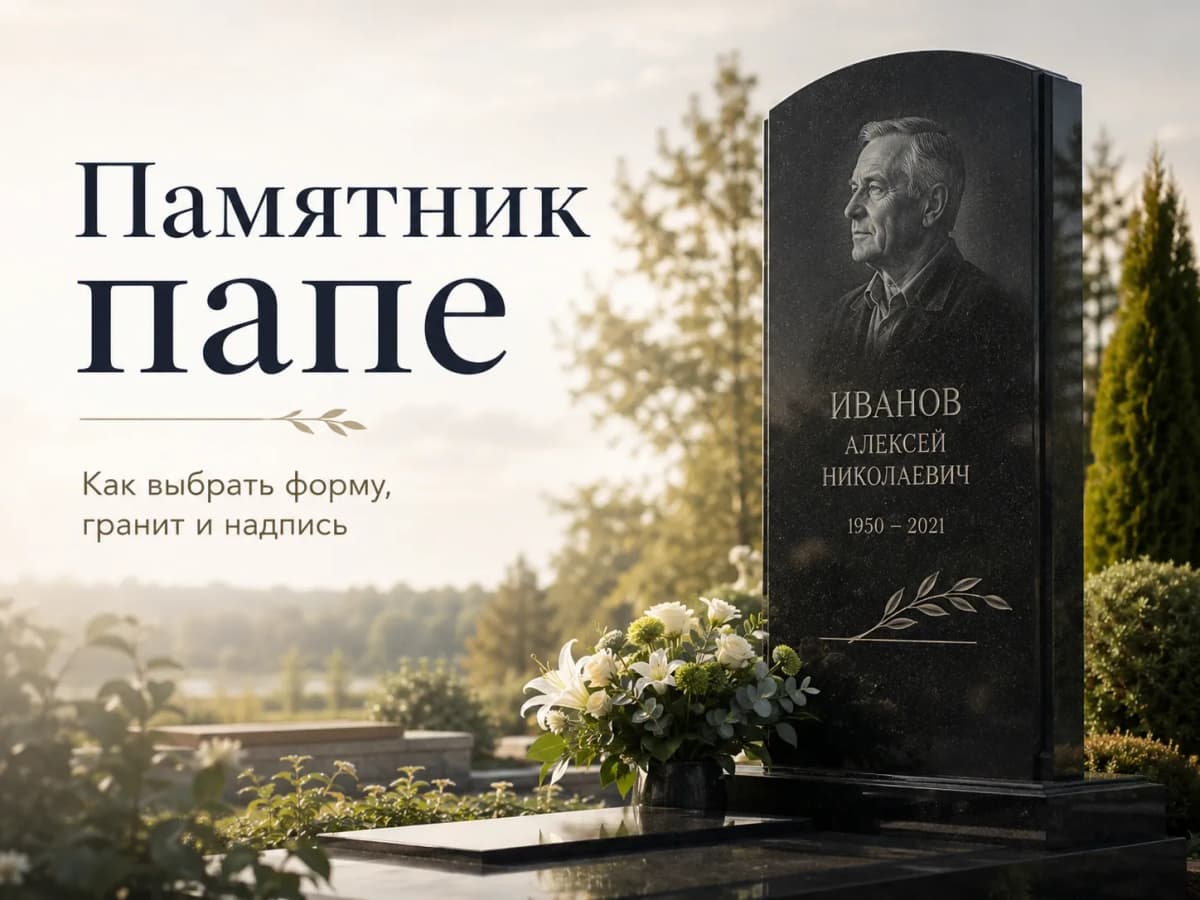 Вертикальный гранитный памятник папе с портретом и памятной надписью
