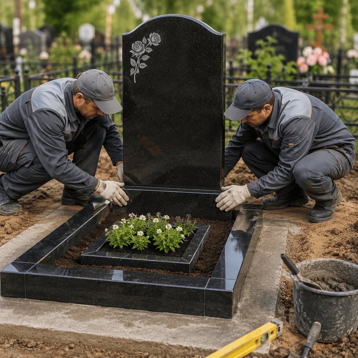 Установка памятника на могилу с цветником