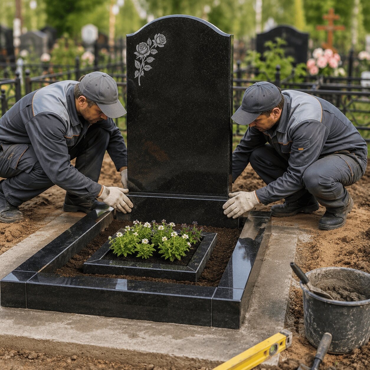 Установка памятника на могилу с цветником