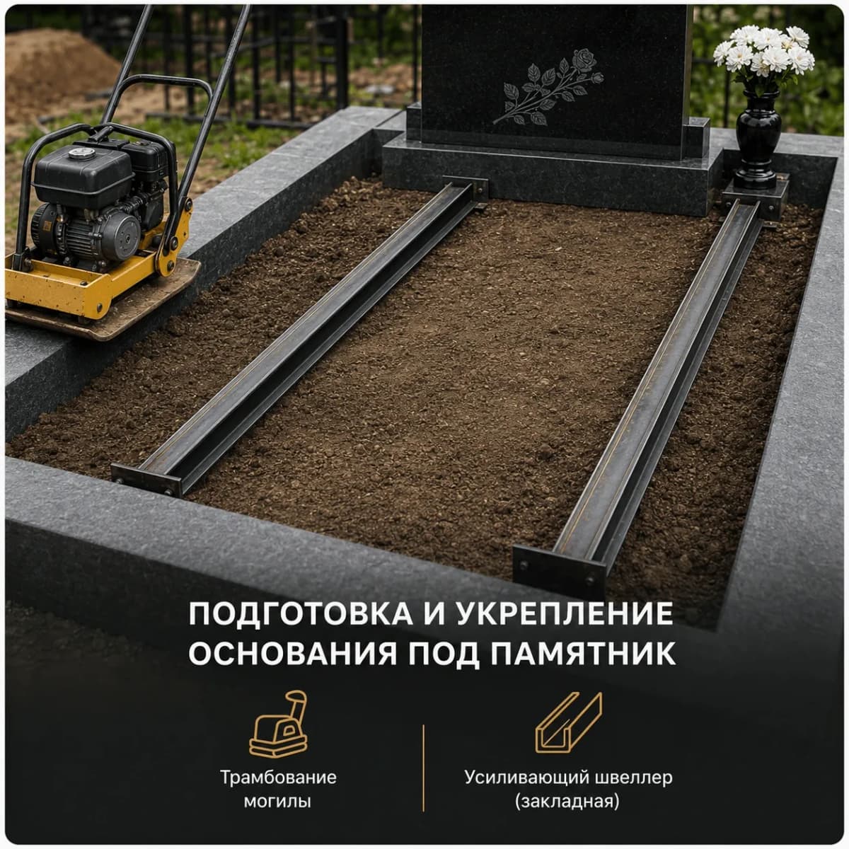 Подготовка и укрепление основания под памятник на кладбище